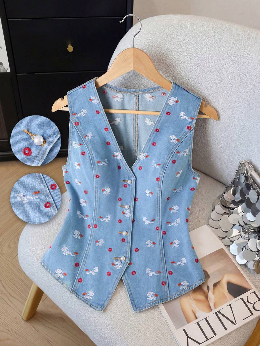 GlowEve Áo khoác denim nữ cổ chữ V, họa tiết thêu hình học, kiểu dáng thường ngày, đa năng. - Màu xanh lam - Xem 1