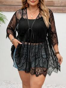 SHEIN CURVE+ Áo kimono đi biển màu đen dáng rộng dành cho nữ cỡ lớn, áo khoác chống nắng mùa hè cho kỳ nghỉ biển, áo kimono nữ. - màu đen - Xem 5