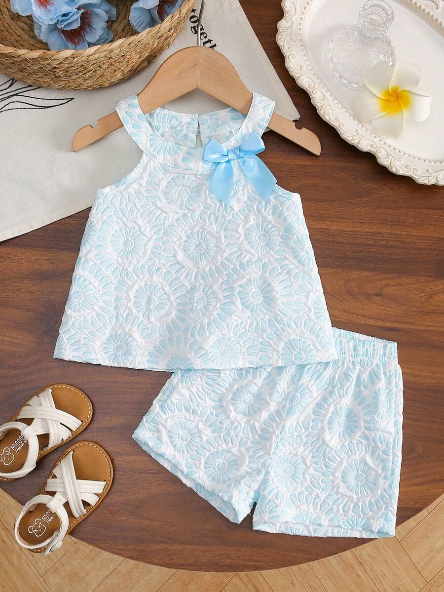SHEIN 女嬰套裝 6個月-3歲 2件/套 夏季優雅華麗休閒日常風格 寬鬆無袖荷葉邊花朵印花上衣短褲套裝