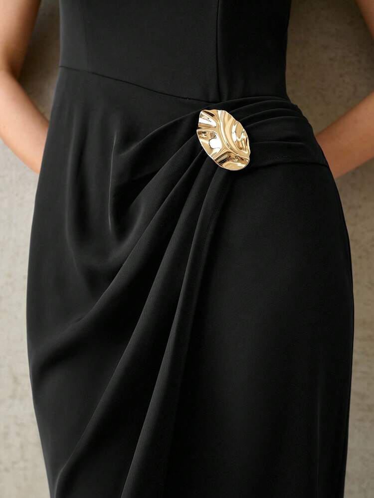 ELEGANT FOLD PLEATED BLACK MID-LENGTH DRESS FOR WOMEN