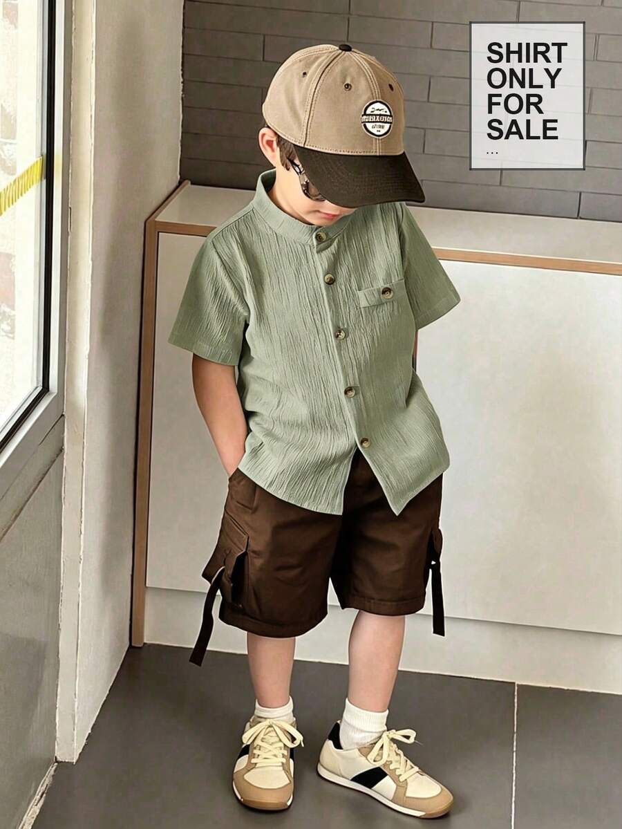 SHEIN Kemeja Lengan Pendek Polos Kasual Musim Panas untuk Anak Laki-Laki - Hijau - View 1