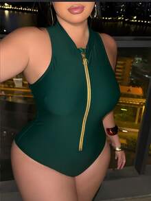 Swim SXY 加大码女士连体随机动物斑马纹前拉链无袖运动冲浪泳衣 - 墨綠色 - 查看 5