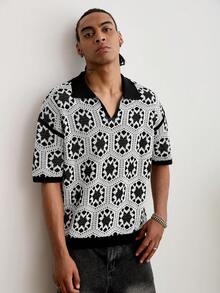 GALLERY FADE Men's Casual Short Sleeve Knit Top For Daily Wear & Commute, Summer - Black and White - View 3