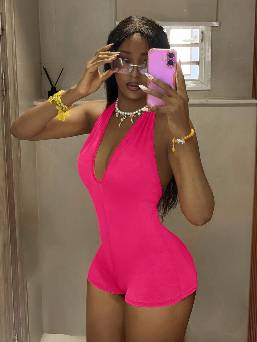 Women's Summer Tight Halter Jumpsuit - Pink - View 1