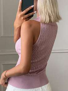 DAZY Women's Solid Color Fitted Cropped Sleeveless Collared Tank Top With Metal Logo, Casual Sexy Summer Knit Blouse Back-To-School Golf Lilac - Pink - View 4