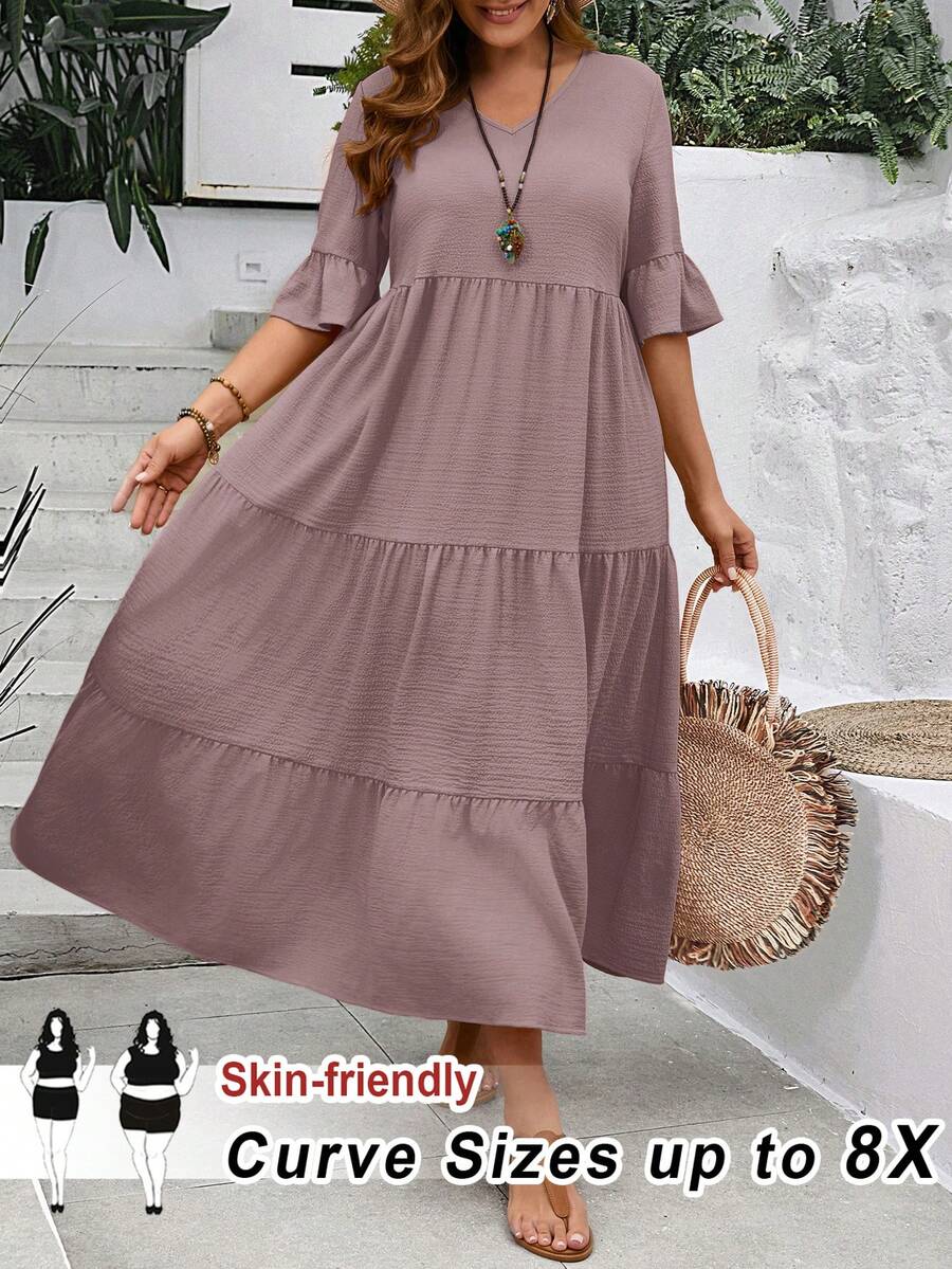 SHEIN CURVE+ Plus Size Multi-Layer Ruffle Sleeve Loose Long Maroon Solid Color Dress Vacation Summer Boho - Multicolor - View 1