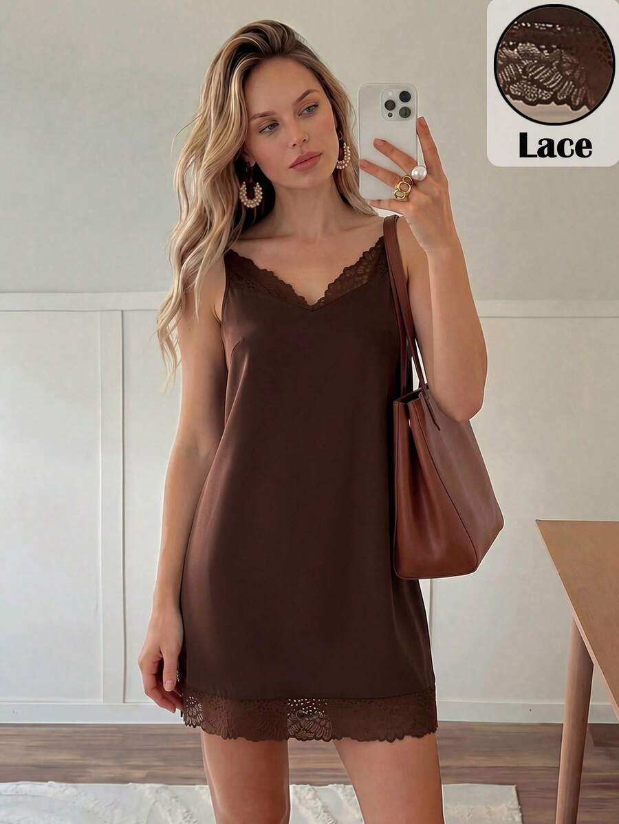 SHEIN LUNE Women's V-Neck Lace Patchwork A-Line Slip Dress,Satin Fabric With Sheen,Elegant Dark Brown Summer Mini Dress For Office Brunch Party,Vacation Wear - Brown - View 1