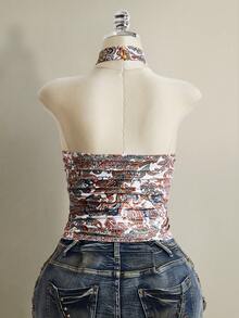 SHEIN ICON Áo kiểu dáng gợi cảm hở lưng, cổ yếm, họa tiết hoa, phong cách Y2K mùa hè, thích hợp cho các buổi hòa nhạc, dành cho nữ. - Nhiều màu - Xem 2