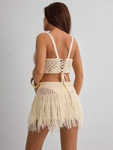 SHEIN Fringed Crochet Fringe Crop Top And Mini Skirt Beach Set - Apricot - View 2