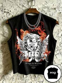 STEELVANCE 男士夏季街头字母和天使印花圆领背心 - 黑色 - 查看 1