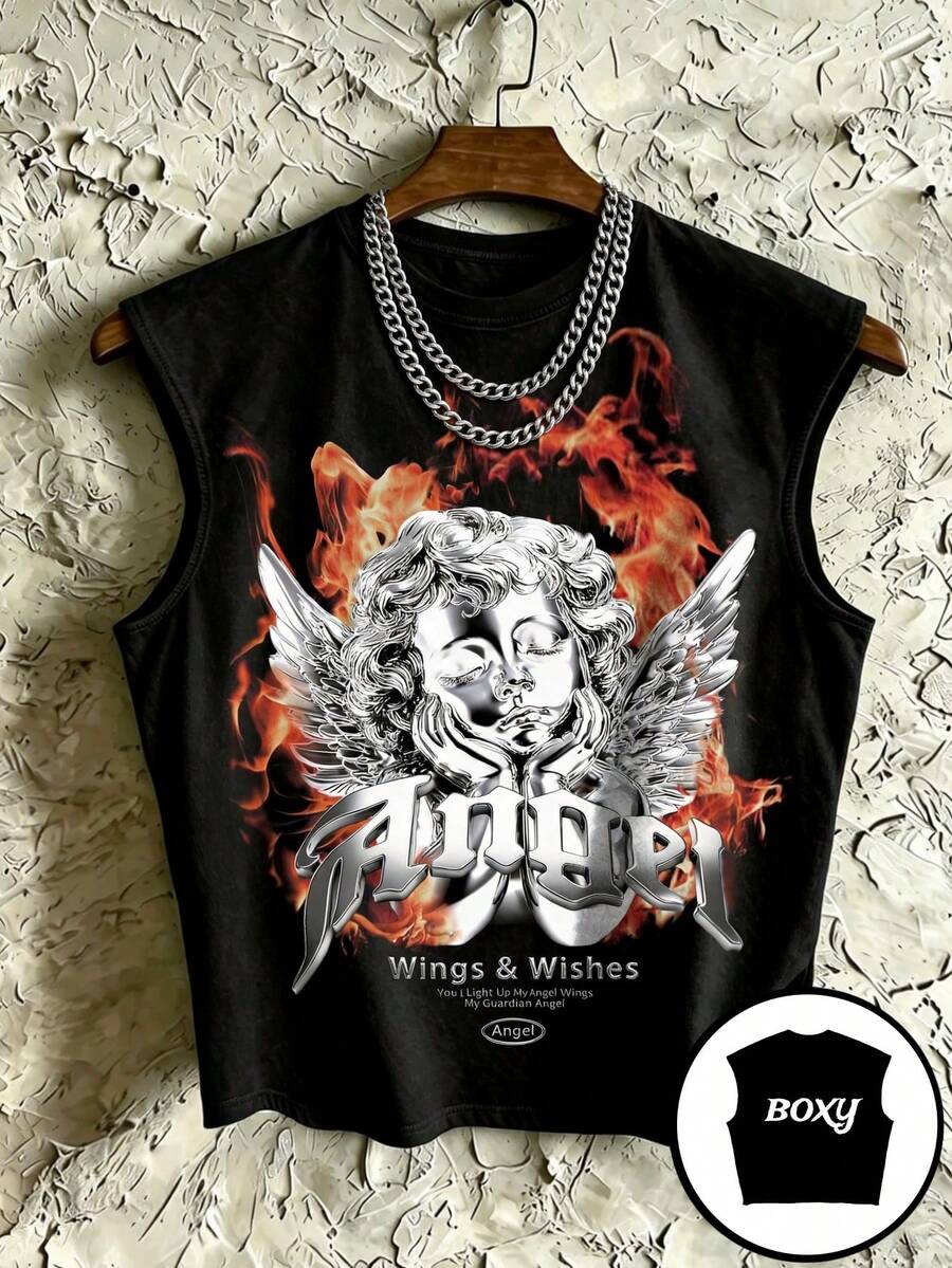 STEELVANCE 男士夏季街头字母和天使印花圆领背心 - 黑色 - 查看 1