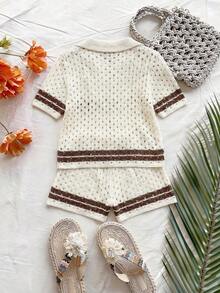 Franclia Bộ đồ thể thao mùa xuân/hè mới, màu mơ, chất liệu rỗng, cổ áo tương phản, dáng rộng, kiểu retro, chất liệu mềm mại, thoải mái, thiết kế cao cấp, áo cardigan cổ polo phối quần short dây rút dành cho nữ. - màu nâu - Xem 2