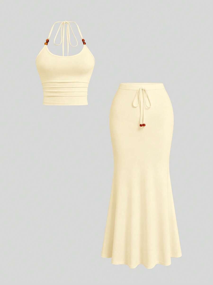 SHEIN Sweetro Bộ đồ hai mảnh cỡ lớn kiểu dáng nghỉ dưỡng, dây mảnh, vạt đuôi cá, thích hợp cho mùa xuân/hè. - Màu be - Xem 1
