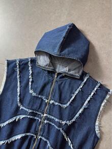 Áo khoác denim nam không tay có mũ, kiểu dáng thường ngày, bạc màu và rách rưới. - Màu xanh lam - Xem 6