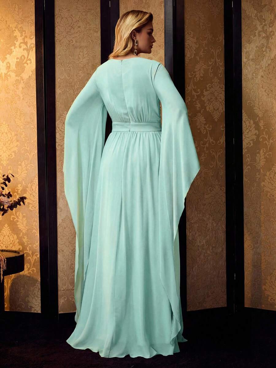 MOTF Soiréza WOMEN'S ELEGANT CHIFFON ROUND NECK ULTRA-LONG SLIT SLEEVE FLOOR-LENGTH PARTY GOWN, IDEAL FOR PARTIES, GALAS & NYE - Green - View 2