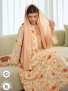 Al Najma Boat Neck Casual Vacation Long Sleeve Dress With Headscarf, Spring/Summer Abaya Dubai Abaya Plus Size - Multicolor - View 7