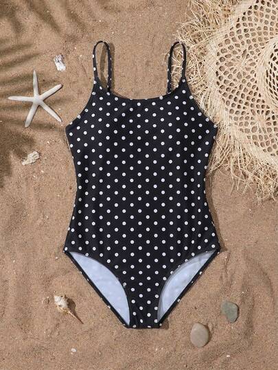 Tween Girls One-Piece Polka Dot Print Halter Adjustable Swimsuit With Chest Pads, Conservative & Comfortable, Anti-Exposure, Summer Fashion Cute French Style Hawaiian Vibe, Suitable For Swimming, Pool, Surfing, Vacation, Holiday, New Year, Spring Break, Beach