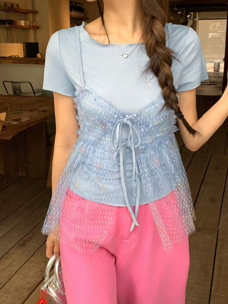Women's Casual Ruffle Trim 2 In 1 T-Shirt, Blue, Spring/Summer