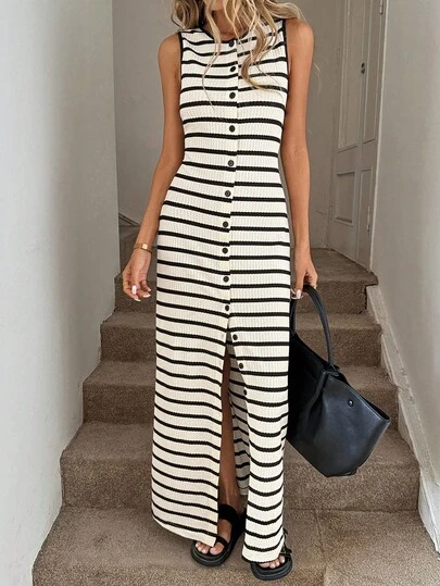 SHEIN PETITE CURVE Plus Size Black And White Round Neck Tank Dress In Striped Fabric For Summer Striped Maxi Dress Stripe Dresses For Women Casual Long Dress Black And White Striped Dress Button Down Striped Dress