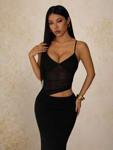 SHEIN PETITE 女士纯色镂空优雅加长吊带裙，适合日常约会、夜间外出、夜店、派对、聚会、鸡尾酒会、泳池派对等场合。 - 黑色 - 查看 7