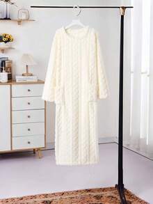Bata gruesa y cálida para mujer en invierno, bata de baño de felpa larga, ropa de estar en casa con bolsillos, bata de estar en casa suave y esponjosa, camisón holgado y acogedor - Multicolor - Ver 3