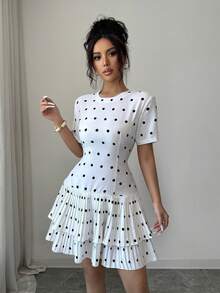 SHEIN Franclia Vestido corto de mujer de estilo francés vintage, elegante y dulce, con lunares blancos, cintura ceñida y múltiples capas plisadas, adecuado para una cita - Blanco - Ver 8