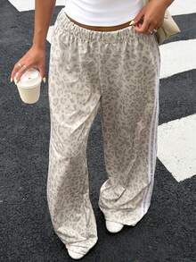 SHEIN Muchic Women's Elastic Waist Casual Versatile Commuting Wide Leg Sweatpants Cheetah Print Bottoms - Multicolor - View 4