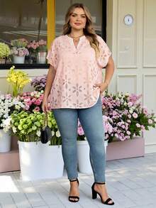 SHEIN CURVE+ Plus Size Solid Color Floral Print Short Sleeve Shirt - Pink - View 4