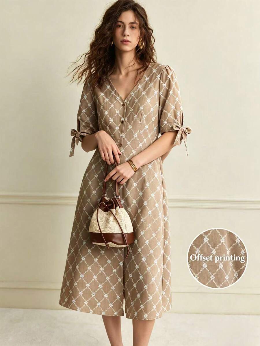 Écloséra Đầm kiểu Pháp, đầm công sở, đầm thanh lịch, đầm cổ chữ V, đầm in họa tiết, đầm kẻ caro, đầm xẻ tà, đầm buộc dây phía trước, đầm xuân/hè, đầm nữ - Màu Khaki - Xem 1