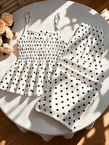 SHEIN Bộ đồ 2 mảnh cho bé gái gồm áo hai dây chấm bi đen thắt nơ và quần ống đứng, thích hợp cho kỳ nghỉ, hẹn hò và tụ họp. - trắng - Xem 2