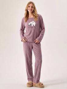 Loomlin 2pcs Cute Lazy Koala Embroidery Detail PJ Set - Dusty Pink - View 5