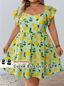 SHEIN CURVE+ 大码女式柠檬水果印花甜心领泡泡袖A字迷你连衣裙，夏季波西米亚风度假风 - 薄荷綠 - 查看 2