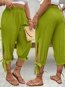Breezaya Plus Size High Waist Drawstring 7/8 Pants, Spring/Summer - Limelight Green - View 1