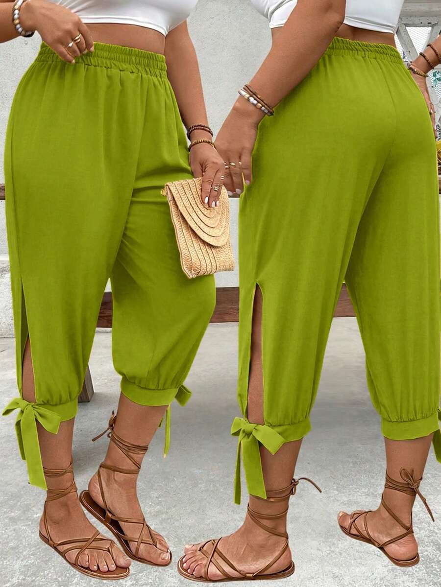 Breezaya Plus Size High Waist Drawstring 7/8 Pants, Spring/Summer - Limelight Green - View 1