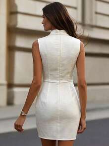 Vestido mini de fiesta de moda con cuello anudado de unicolor para mujer - Albaricoque - Ver 2
