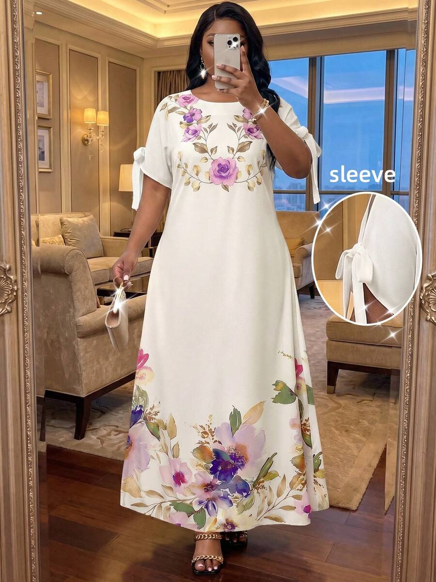 SHEIN Lady Elegantes Blume Muster Kleid mit Schlitz und Twist-Ärmeln für Damen in Große Größen, locker für den Urlaub - Pink - Übersicht 1