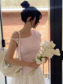 DAZY Camiseta asimétrica de hombro ajustada con lunares para mujer, con cintura ceñida, adecuada para primavera y verano - Rosa - Ver 5