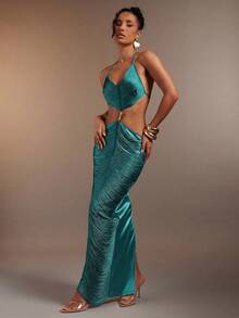Hauture Women's Sexy Hanging Tassels Fringe Halter Deep Neck Backless Dress - Teal Blue - View 6