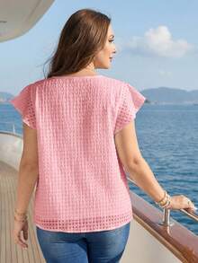 Rosumi Plus Size Women's Cerise Pink Summer Smart Casual Vacation Holiday Flutter Sleeve Ruffle Loose Blouse Top, Country Concert - Baby Pink - View 3