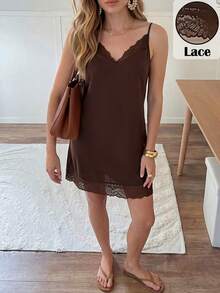 SHEIN LUNE Women's V-Neck Lace Patchwork A-Line Slip Dress,Satin Fabric With Sheen,Elegant Dark Brown Summer Mini Dress For Office Brunch Party,Vacation Wear - Brown - View 4