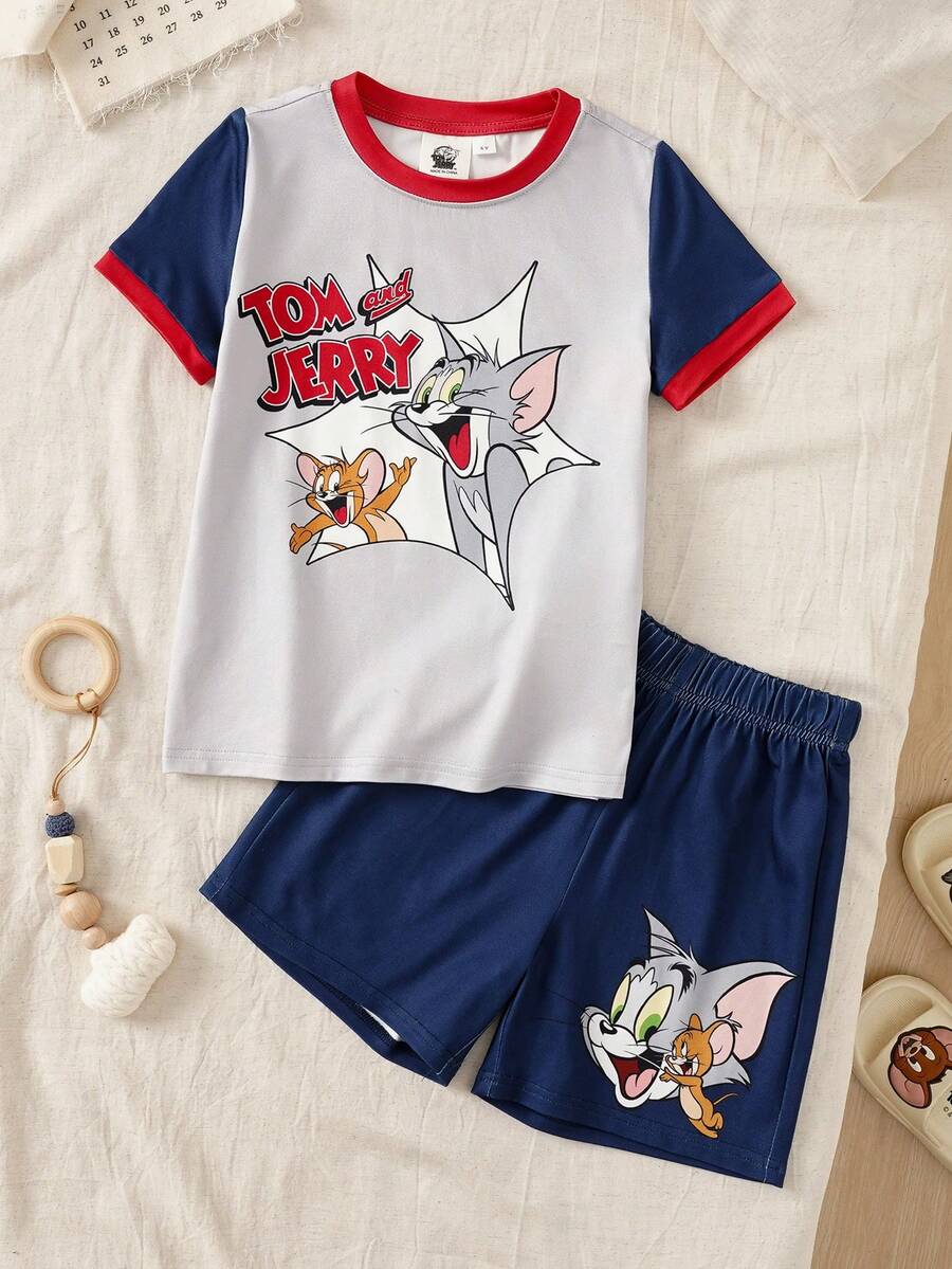 TOM & JERRY X SHEIN Cartoon Print Short Sleeve T-Shirt And Shorts Casual Outfit For Young Boy - Grey - View 1