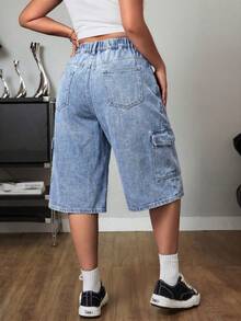 SHEIN ICON Pantalones cargo azul desgastado de corte recto y holgado con bolsillos grandes - Azul lavado medio - Ver 2