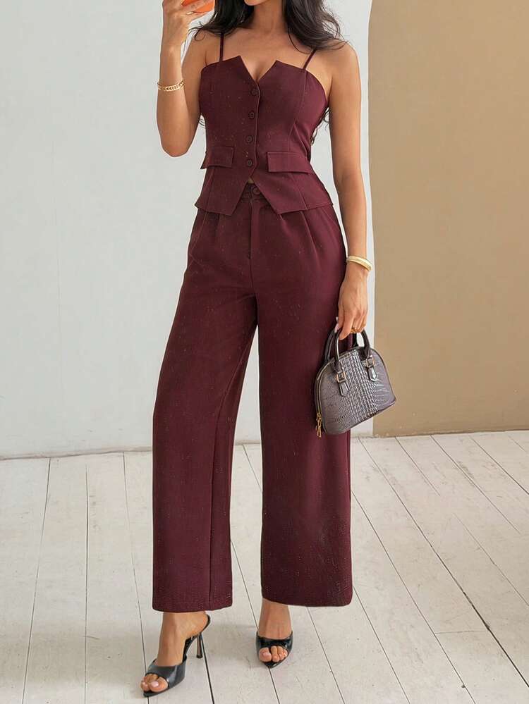 Women's Solid Color Single-Breasted Camisole And Wide-Leg Pants Casual 2 Pieces Set Lounge Sets For Women