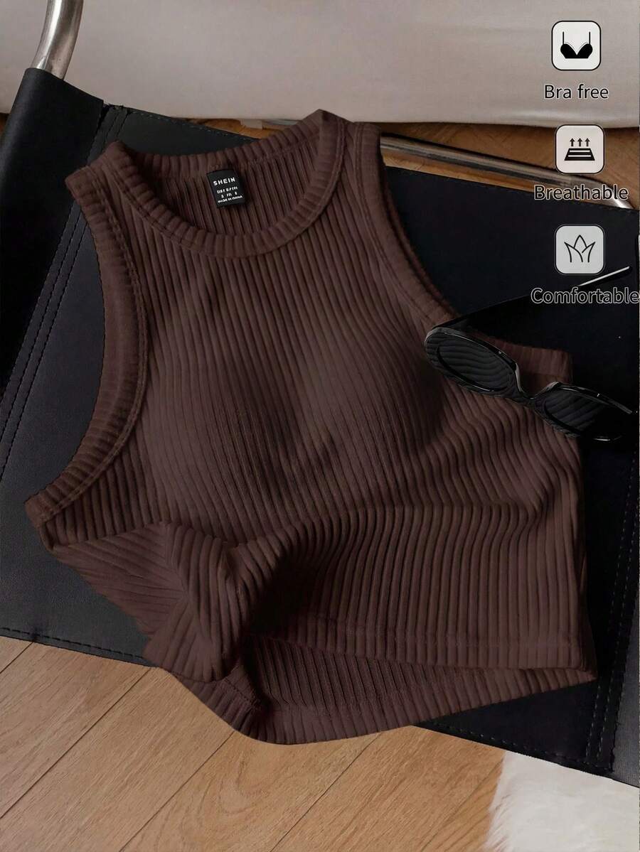 SHEIN EZwear 女士纯色罗纹针织吊带背心，带胸垫，适合日常穿着，夏季上衣，适合通勤、约会、聚会，也适合秋冬季、圣诞节、新年、感恩节、派对、婚礼、海滩、毕业典礼等场合，时尚、优雅、休闲，适合外出、约会、预约、通勤、闪亮、情人节、度假、Y2K、外出、毕业典礼等场合。 - 棕色 - 查看 1