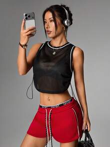 Dewbera Dewbera 女士撞色短款圆领休闲健身运动背心 - 黑色 - 查看 3