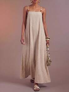 Zivah Women Light Beige Summer Tropical Vacation Holiday Boho Linen Beaded Camisole Loose Long Dress,Casual Western Vibe Beach Party Festival Maxi Dress - Khaki - View 7