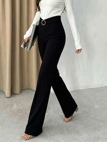 SHEIN Raffinéa Women's Solid Color Minimalist Elegant Casual Slim Fit Pants Teachers' Day Office Black Autumn - Black - View 1