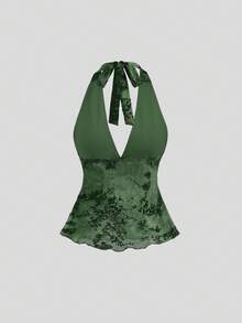 Sweetra Women's Retro Romantic Halter Neck Camisole - Dark Green - View 2