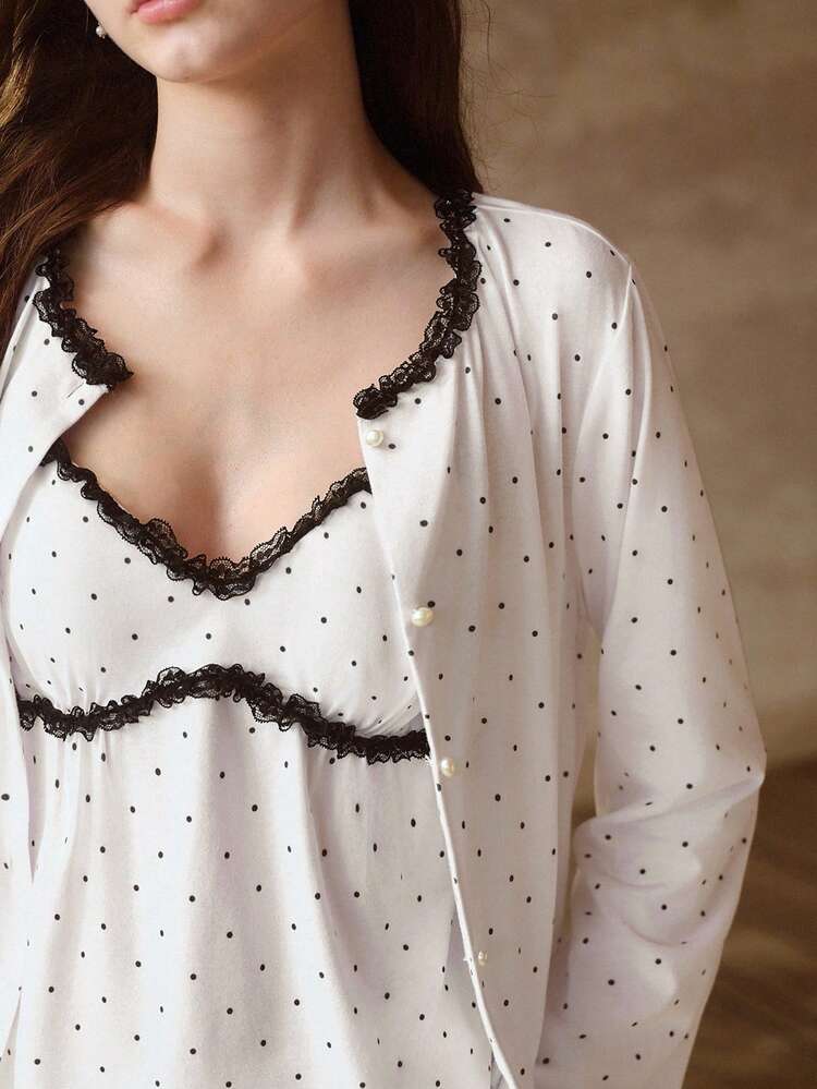WOMEN'S 3 PIECES PAJAMA SET: POLKA DOT PRINT LACE CAMI TOP, LONG PANTS, AND LIGHTWEIGHT COAT, SUITABLE FOR SPRING AND AUTUMN