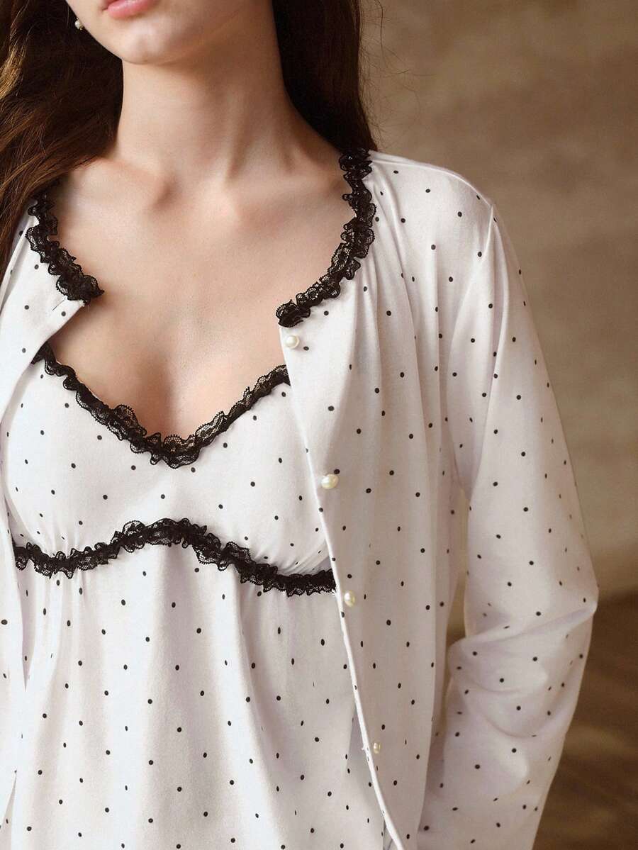 MOTF PREMIUM 女士三件套睡衣：波点蕾丝吊带背心、长裤和轻薄外套，适合春秋季穿着。 - 白色 - 查看 2